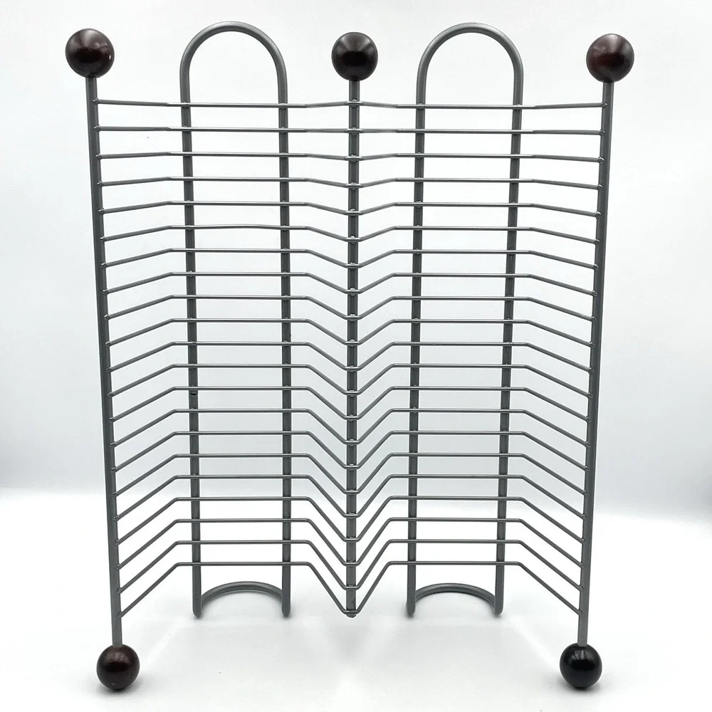 Vintage 1990s Metal Wire 40 CD Storage Rack Holder Organizer Gray Wood Ball Feet